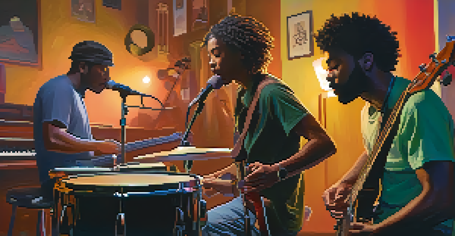 A group of musicians in a cozy room, with a guitarist in the foreground improvising during a jam session.