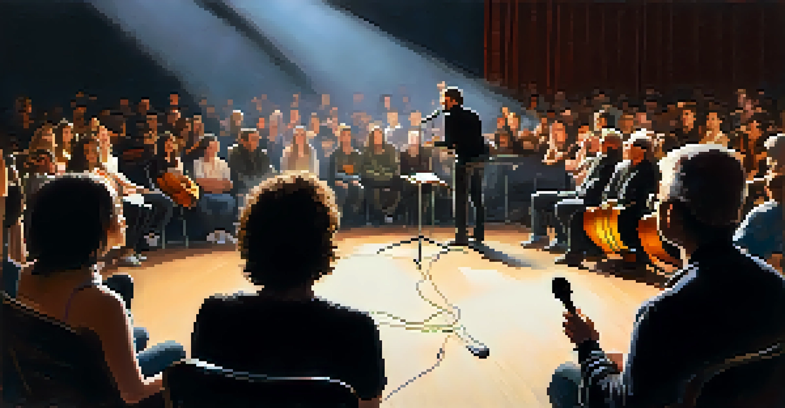 A musician sharing a story with the audience during a live performance under warm lighting.