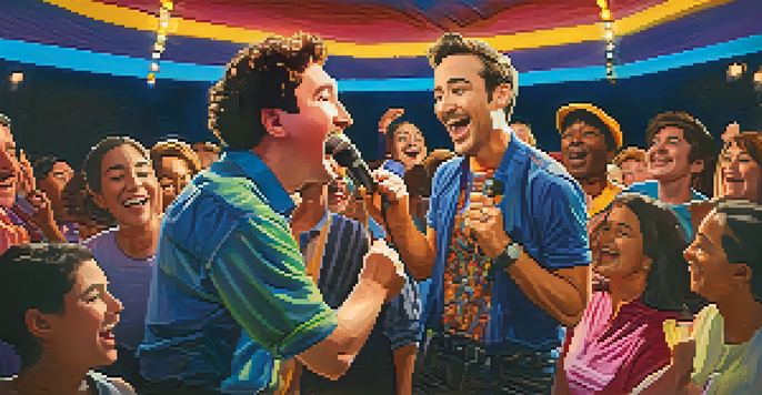 A comedian performing on stage, surrounded by a happy audience, with warm lights creating an engaging atmosphere.