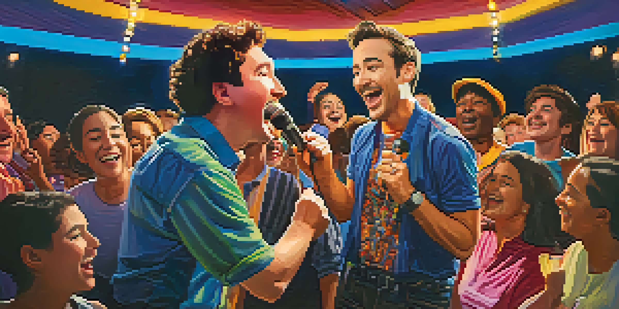 A comedian performing on stage, surrounded by a happy audience, with warm lights creating an engaging atmosphere.