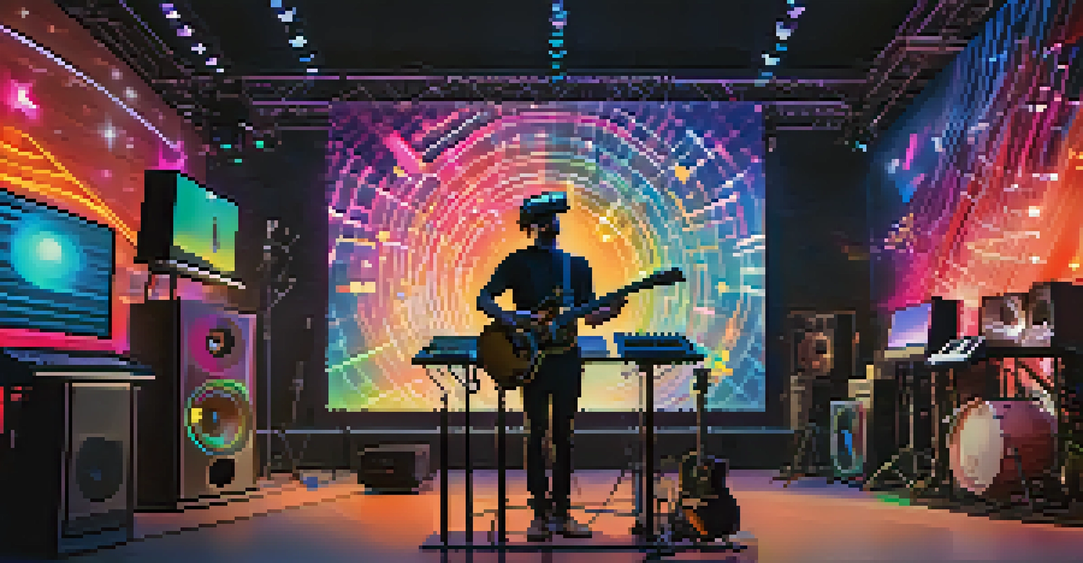 A guitarist in virtual reality collaborating with a visual artist, surrounded by colorful graphics and music notes.