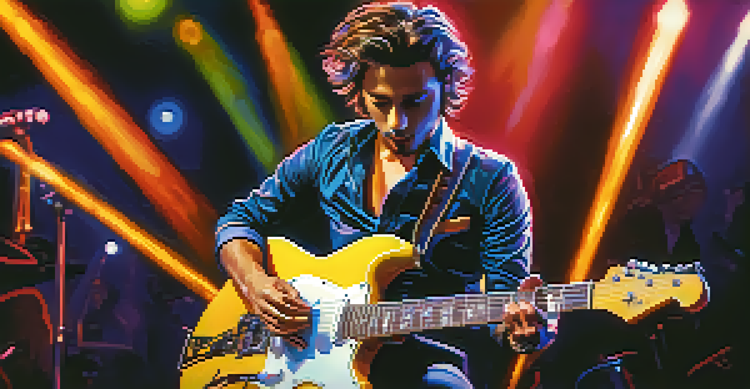 A guitarist performing on stage, showcasing alternate picking techniques with colorful stage lights illuminating the scene.