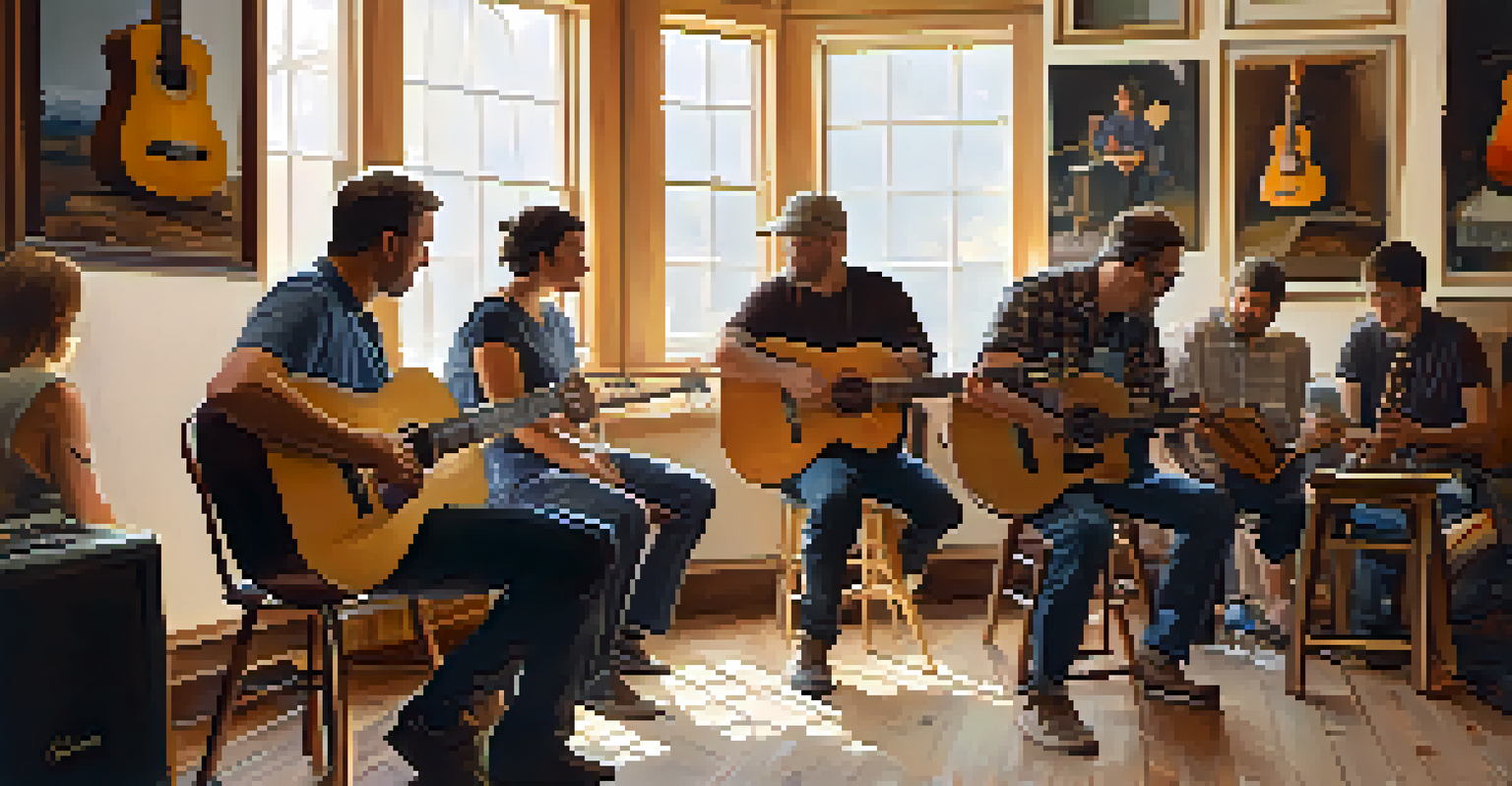 A small group of musicians participating in a guitar workshop with an instructor in a cozy room.
