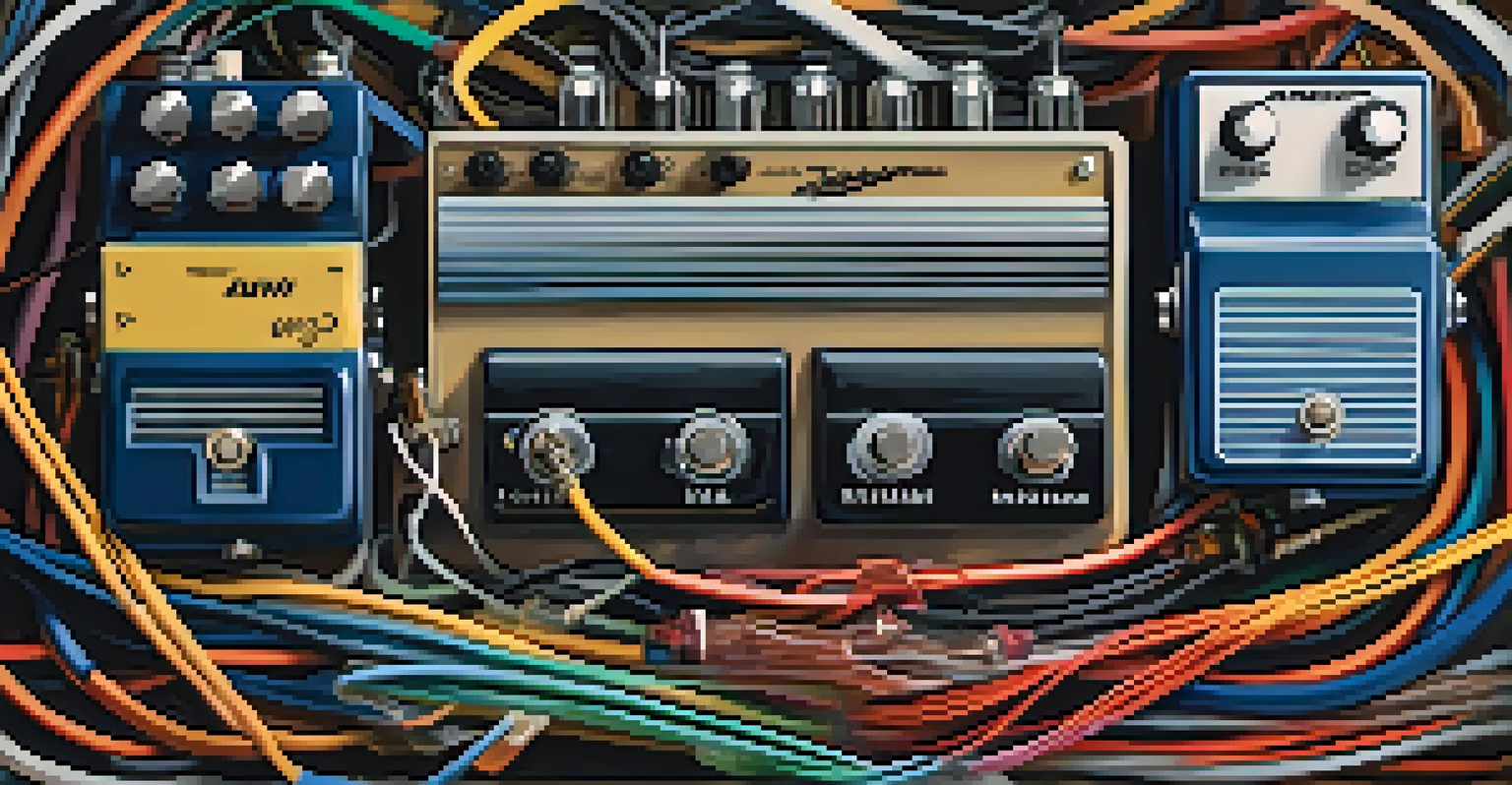 An artistic representation of a guitar pedal signal chain with colorful cables and arrows, set against a blurred stage background.