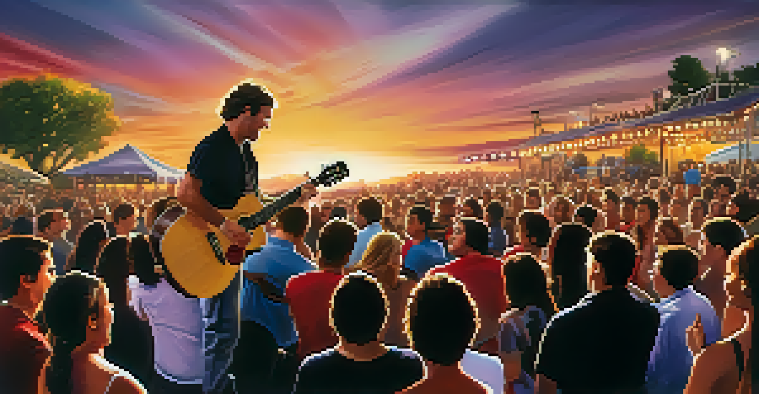 A guitarist performing at an outdoor concert, engaging with the audience against a sunset backdrop.