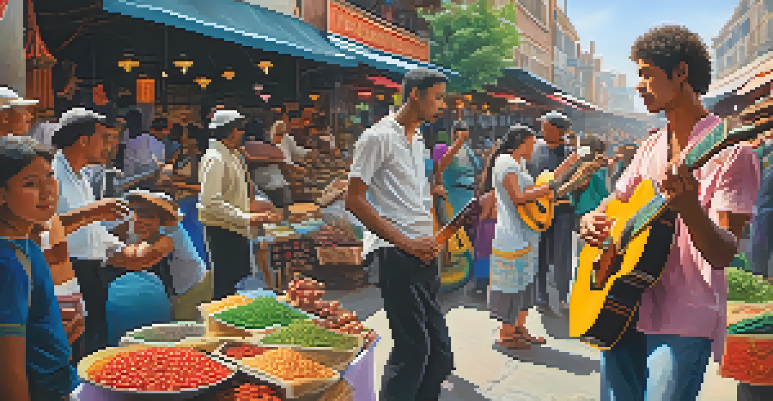 A street musician playing an electric guitar in a lively market filled with colorful stalls and people enjoying the atmosphere.