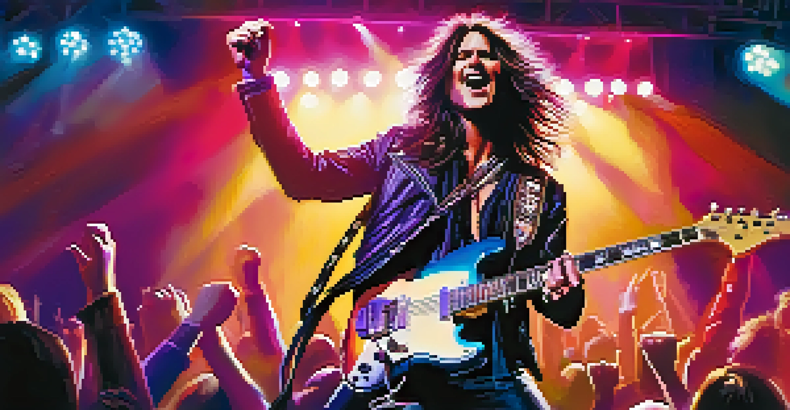 A lively concert with a rock band performing on stage, illuminated by colorful lights, and an enthusiastic audience cheering in the foreground.