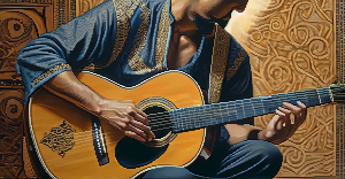 A guitarist playing an acoustic guitar with traditional Middle Eastern instruments around, showcasing detailed textures and warm lighting.