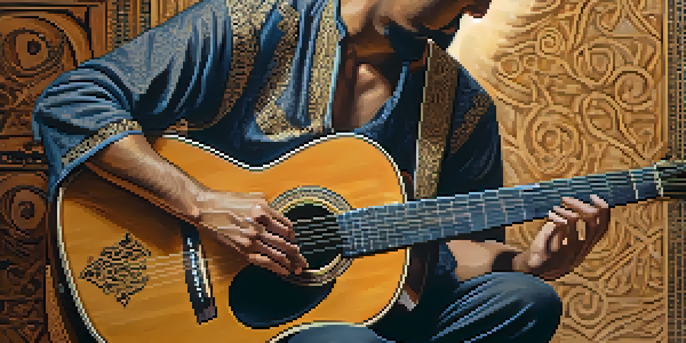 A guitarist playing an acoustic guitar with traditional Middle Eastern instruments around, showcasing detailed textures and warm lighting.