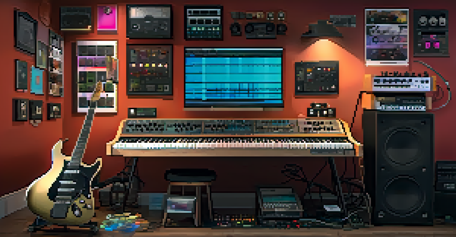 An artist's studio with a mixing setup, showing a computer screen with a digital audio workstation and colorful guitar pedals in the foreground.