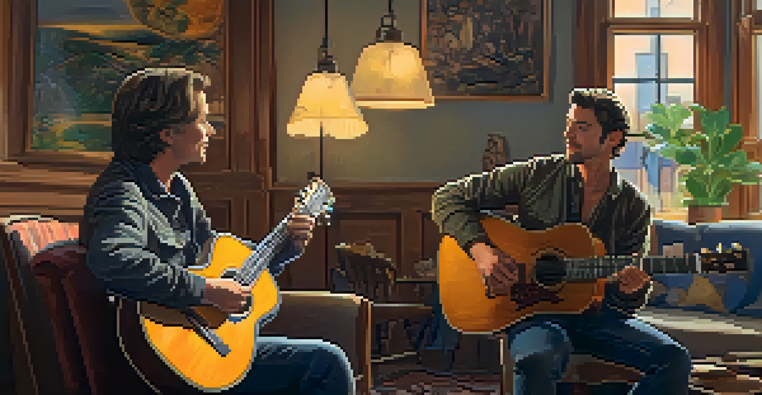 A singer and guitarist collaborating in a cozy indoor space.