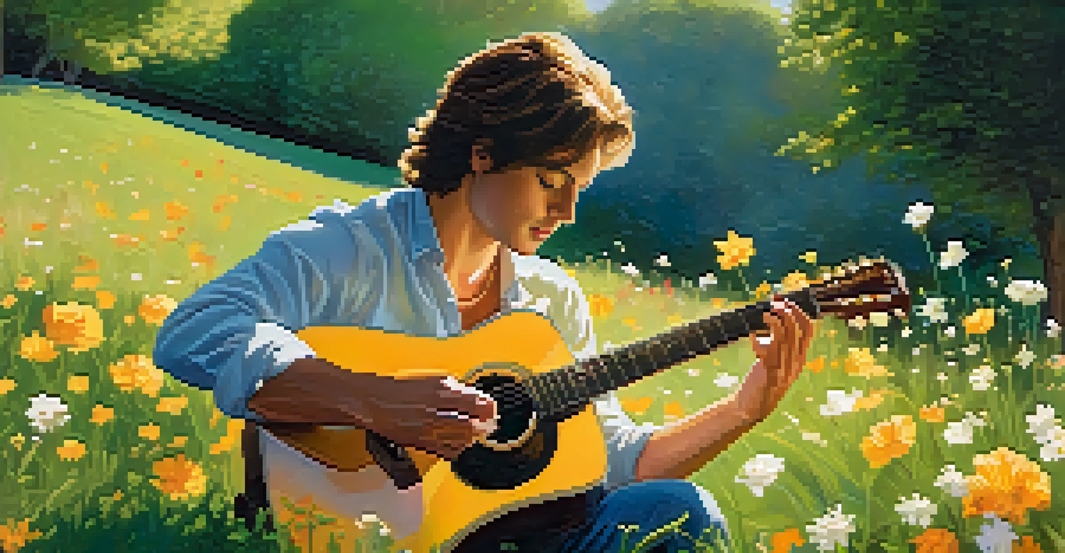 A musician playing a dreadnought acoustic guitar outdoors in a sunny park, surrounded by flowers.