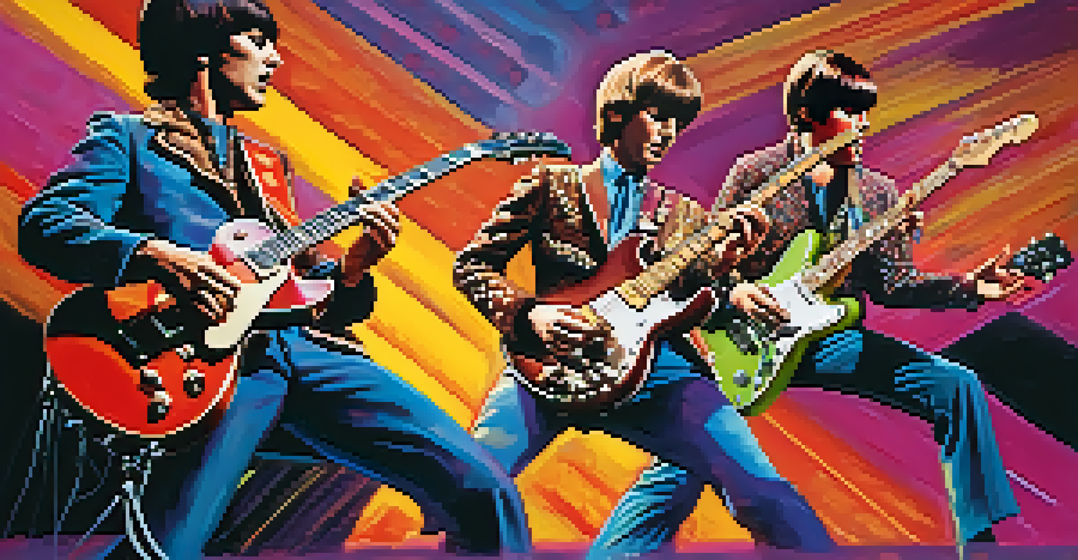 A 1960s British Invasion band on stage with electric guitars and vibrant colors in the background.