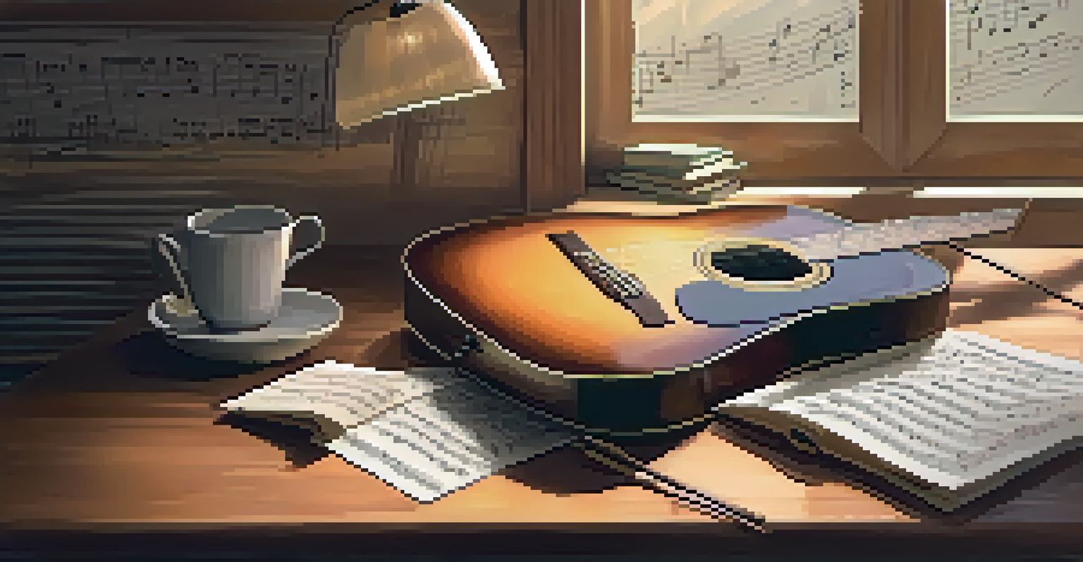 A workspace with an acoustic guitar, handwritten lyrics, music notes, and a cup of coffee in a warmly lit setting.