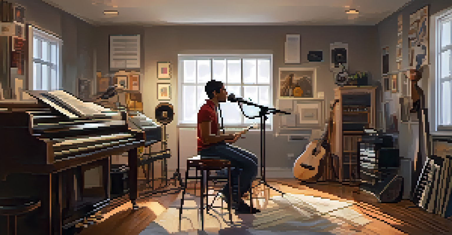 A musician in a studio practicing vocal warm-ups, surrounded by floating musical notes and various instruments in soft ambient light.