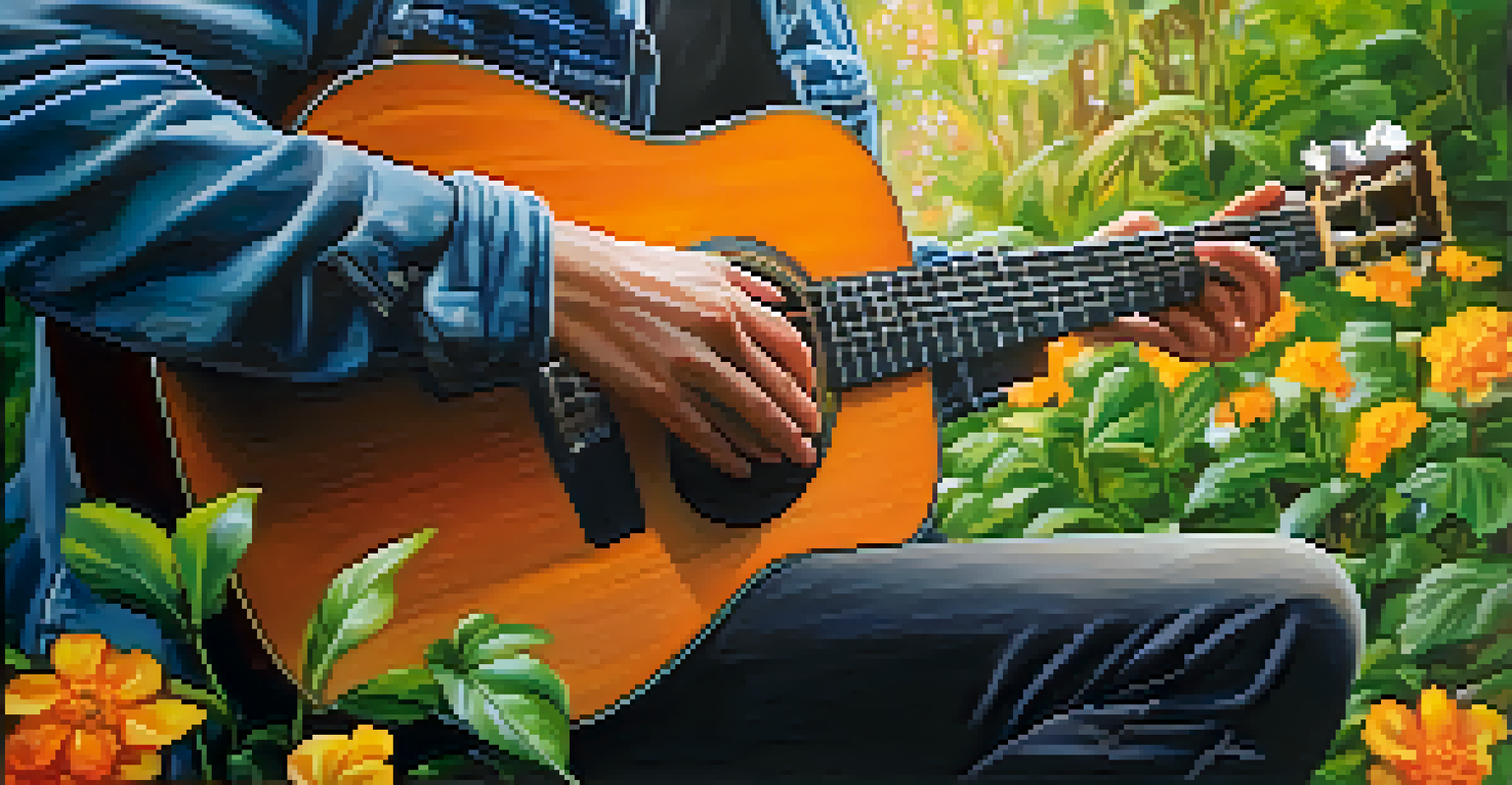 A person playing guitar outdoors, with hands on the frets and colorful flowers in the background.