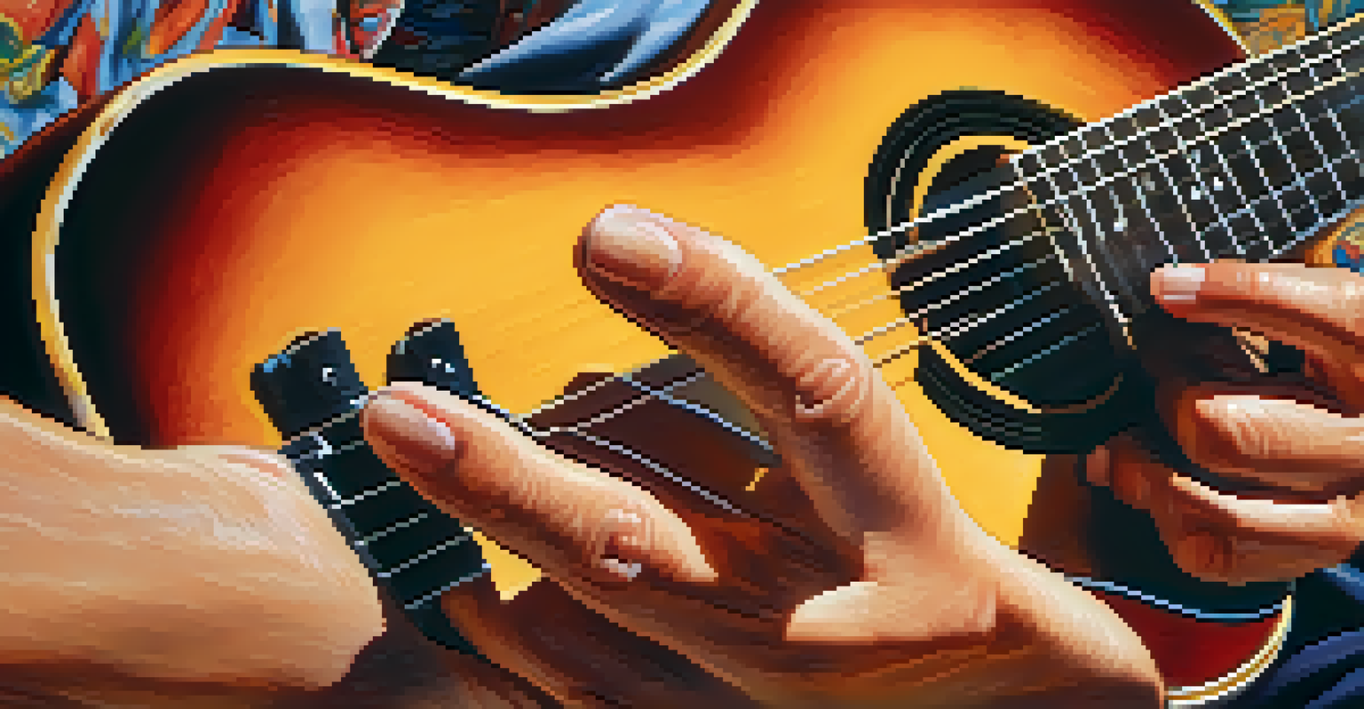 Close-up of hands playing a guitar, with a focus on strings and fingers, against a blurred background.