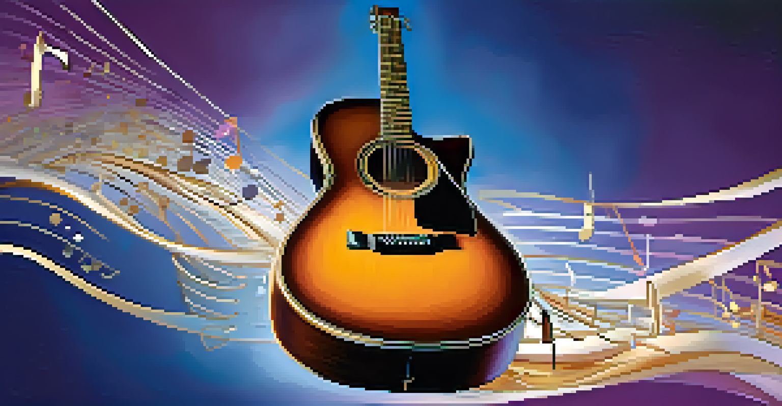 An artistic representation of a guitar surrounded by flowing musical notes, symbolizing legato playing.
