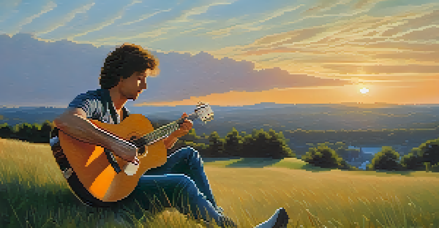 A guitarist playing an acoustic guitar on a hill during sunset, showcasing artificial harmonics.