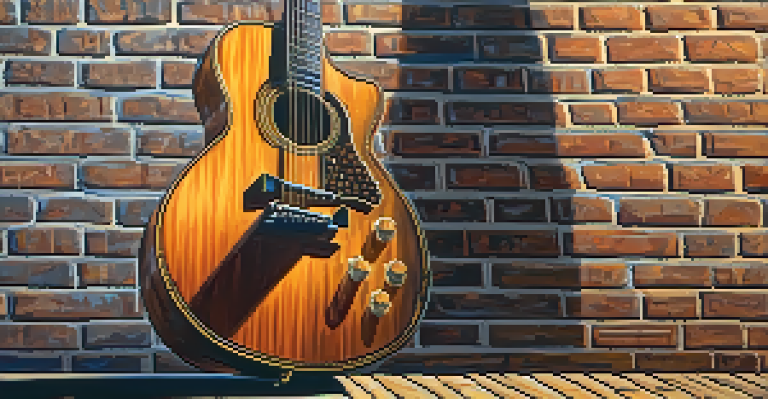 A vintage wooden guitar leaning against a brick wall, illuminated by warm sunlight.