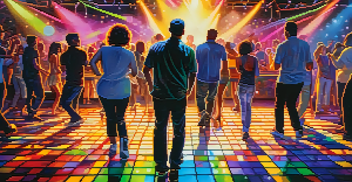 A lively dance floor with people dancing and a DJ mixing tracks, surrounded by colorful lights.