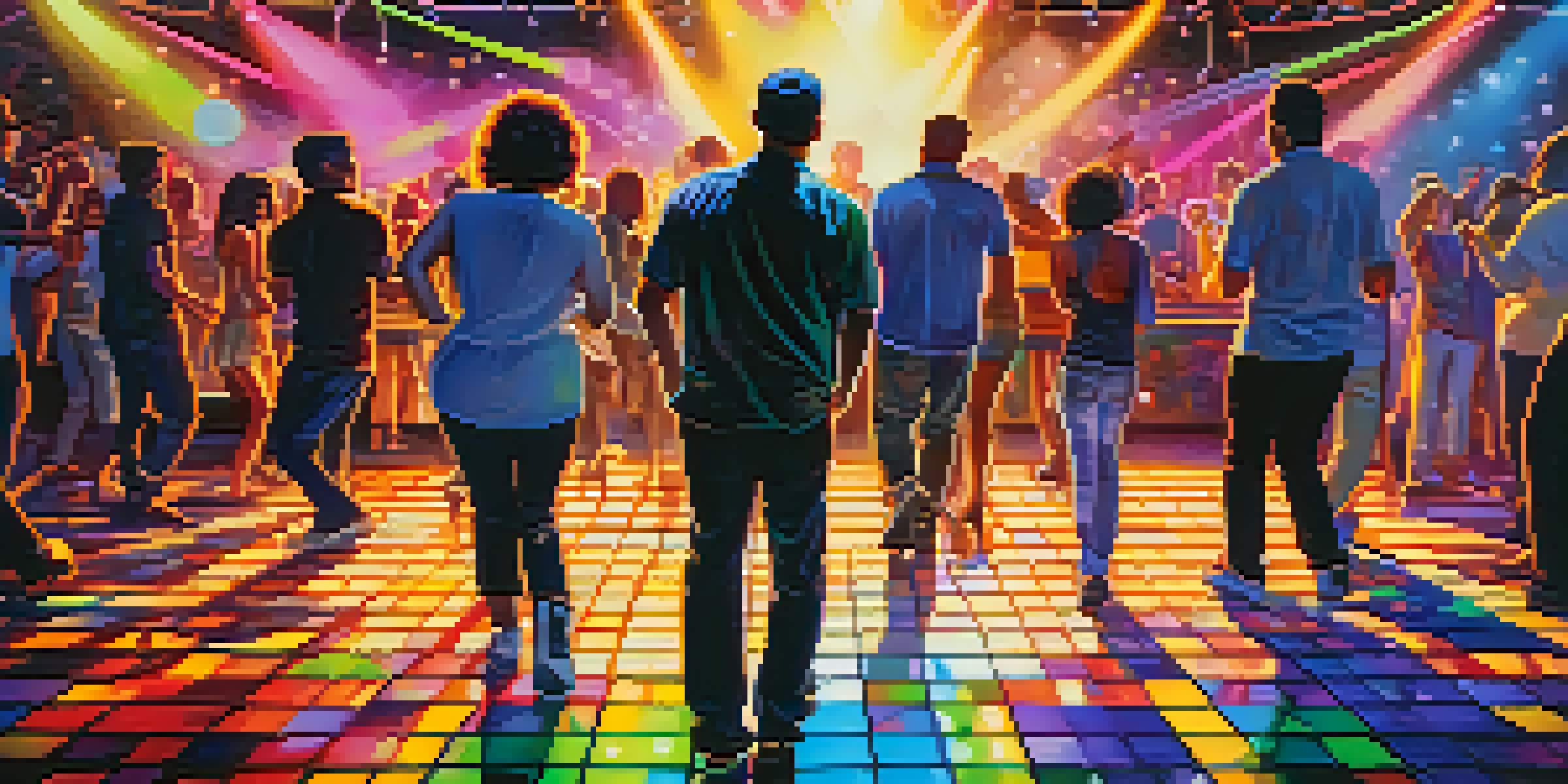 A lively dance floor with people dancing and a DJ mixing tracks, surrounded by colorful lights.