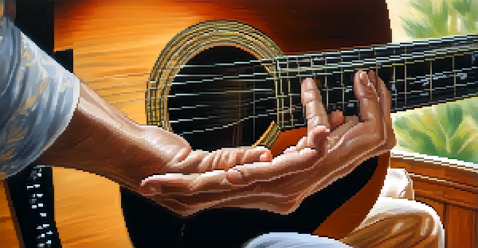 A close-up of a guitarist's hands performing finger stretching exercises on an acoustic guitar, with soft natural light illuminating the scene.