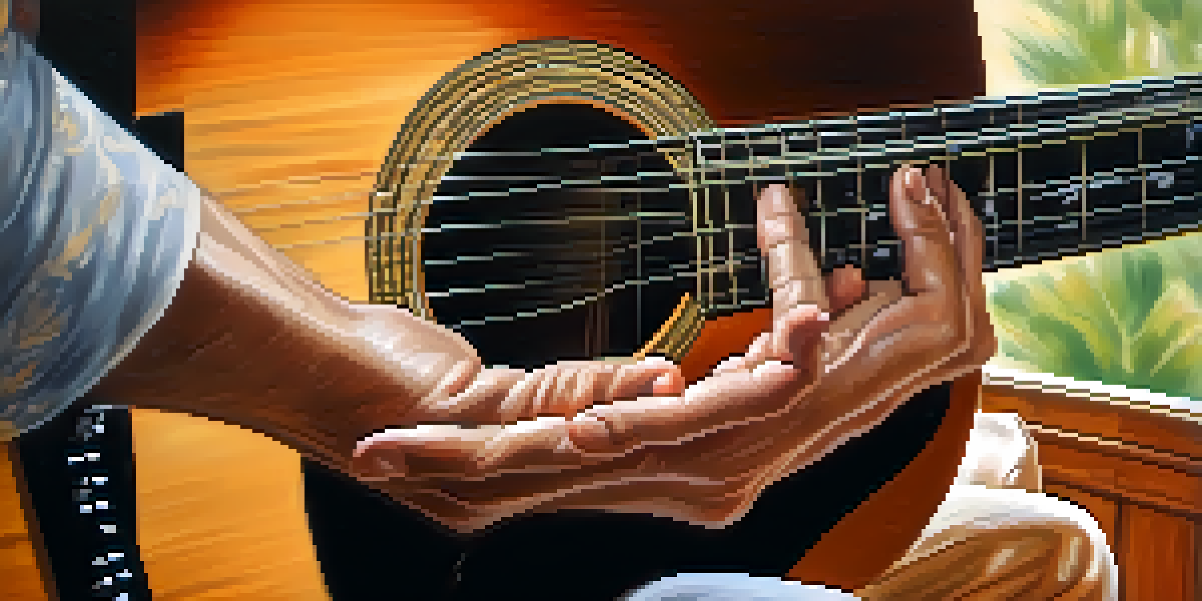 A close-up of a guitarist's hands performing finger stretching exercises on an acoustic guitar, with soft natural light illuminating the scene.