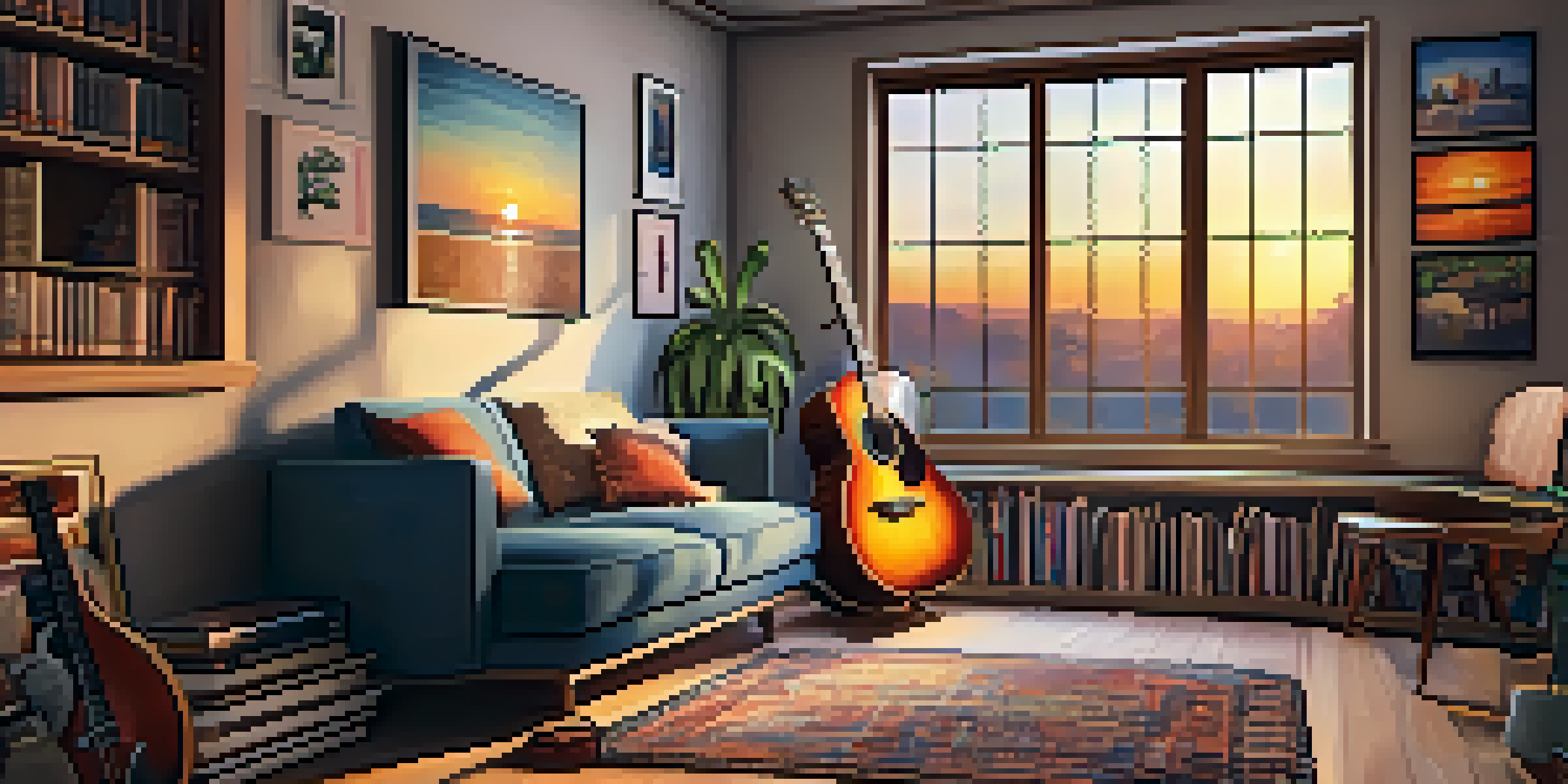 A warm home studio with an acoustic guitar on a stand, colorful sunset visible through the window, and posters of famous guitarists on the walls.