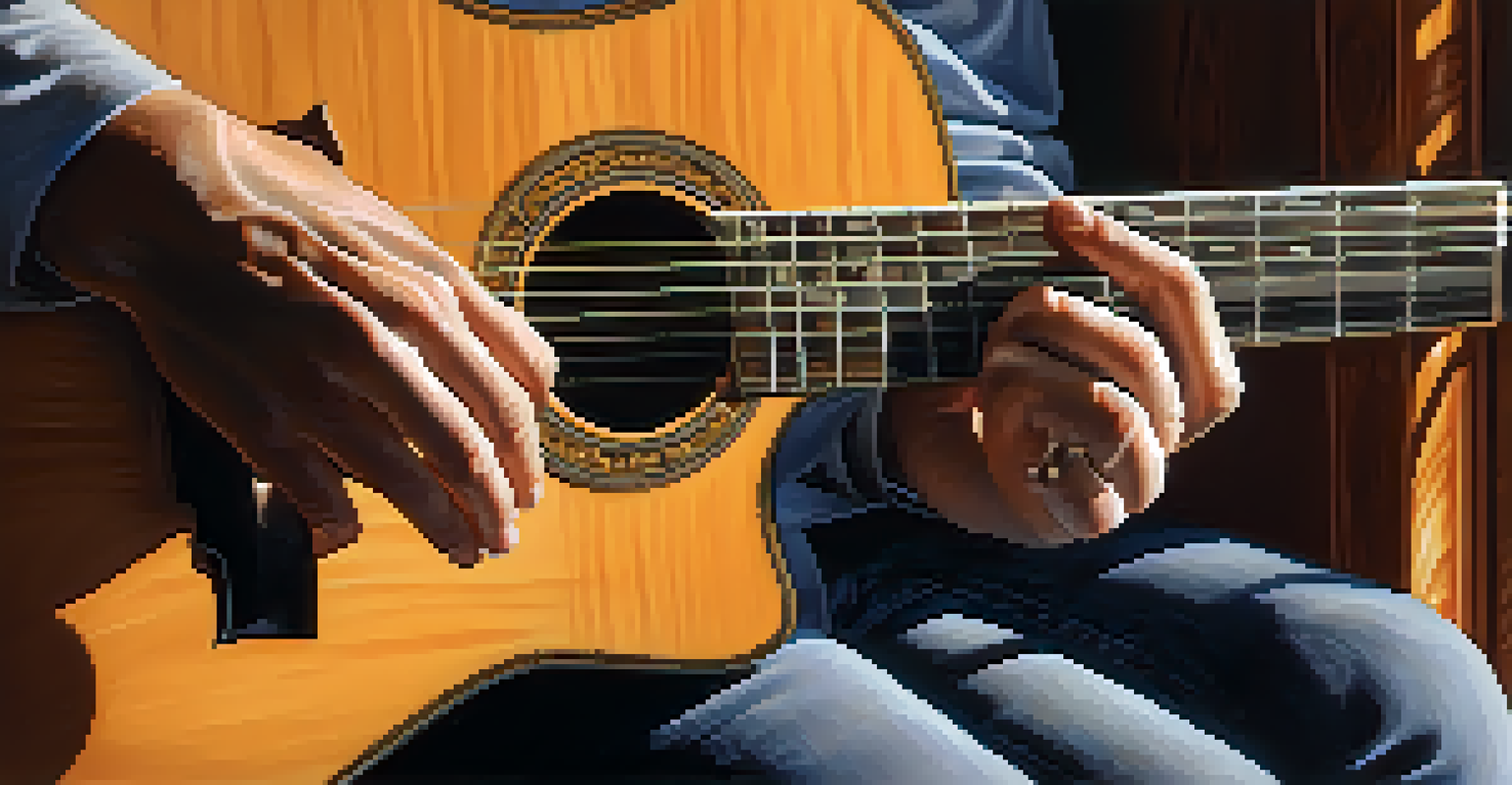 Close-up of a guitarist's hands on an acoustic guitar, with sunlight illuminating the wood.