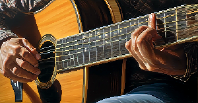 A guitarist's hands playing an acoustic guitar, showcasing detailed finger placement on the fretboard with warm lighting and a blurred background.