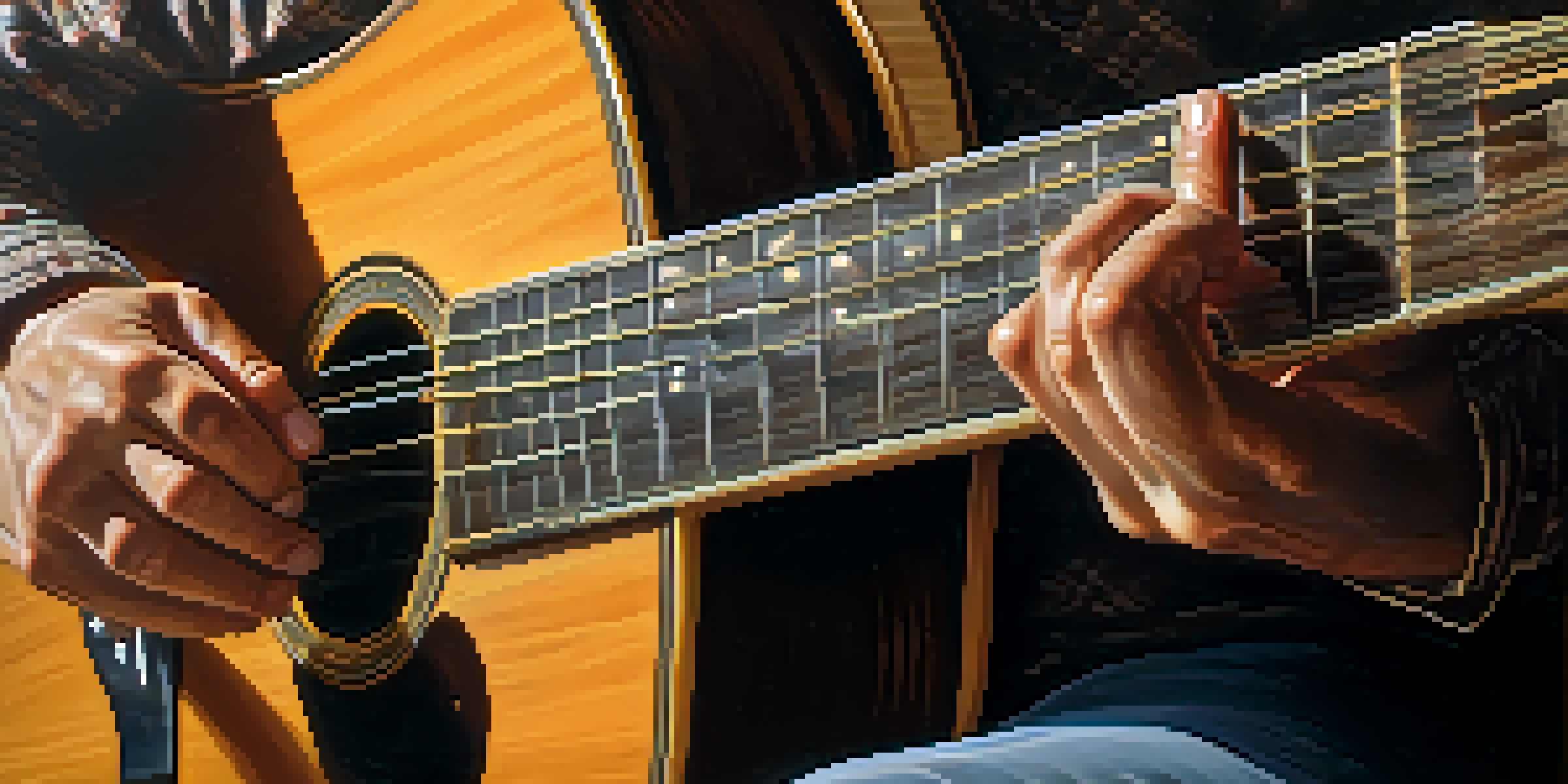 A guitarist's hands playing an acoustic guitar, showcasing detailed finger placement on the fretboard with warm lighting and a blurred background.