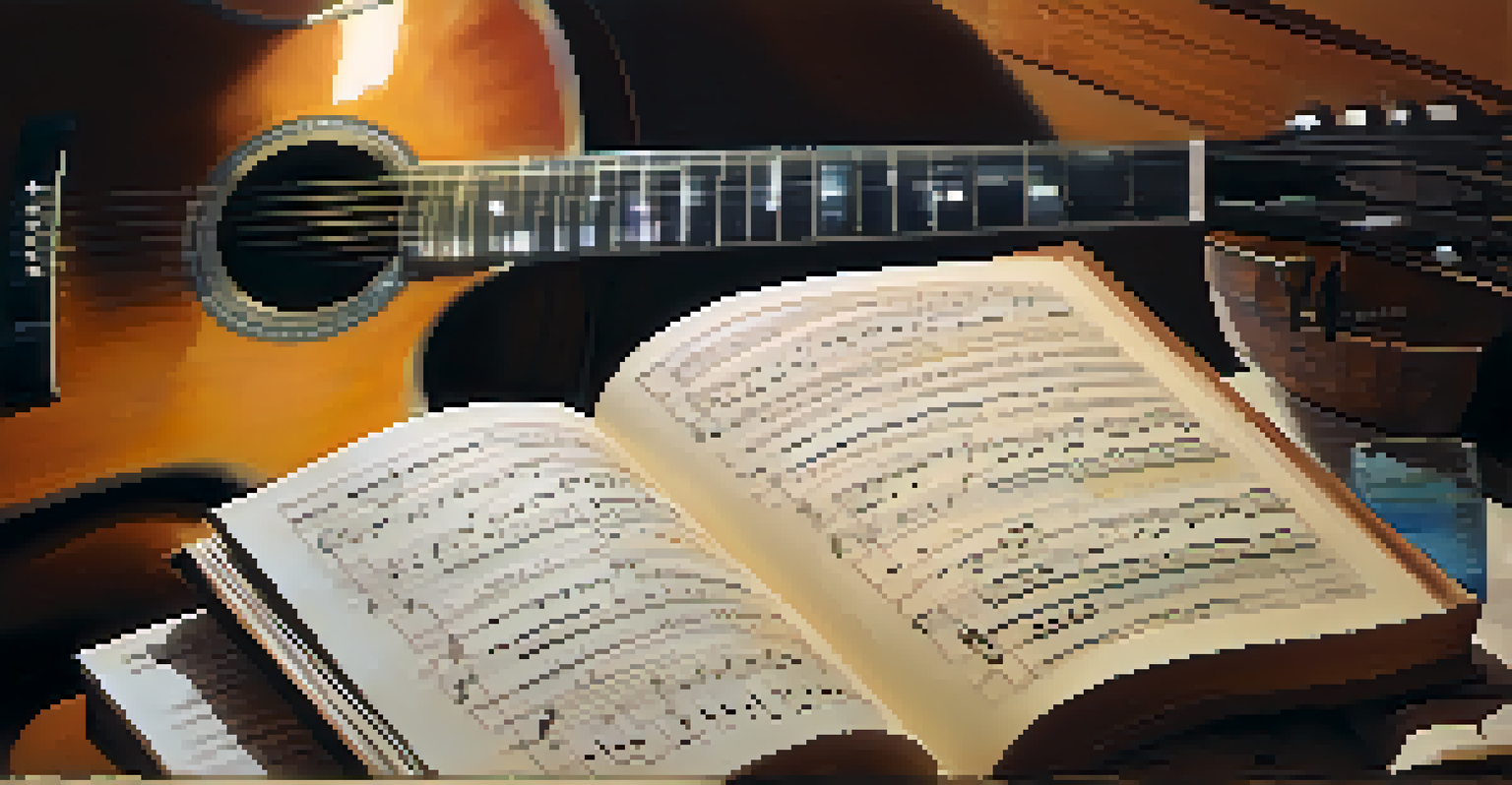 A notebook filled with handwritten lyrics and chord diagrams for open tunings, with a guitar in soft focus in a warm, cozy atmosphere.