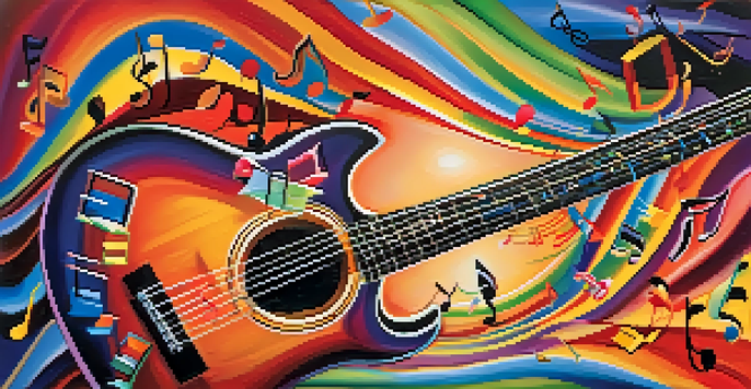 A guitar with swirling musical notes around it, representing melody and rhythm.