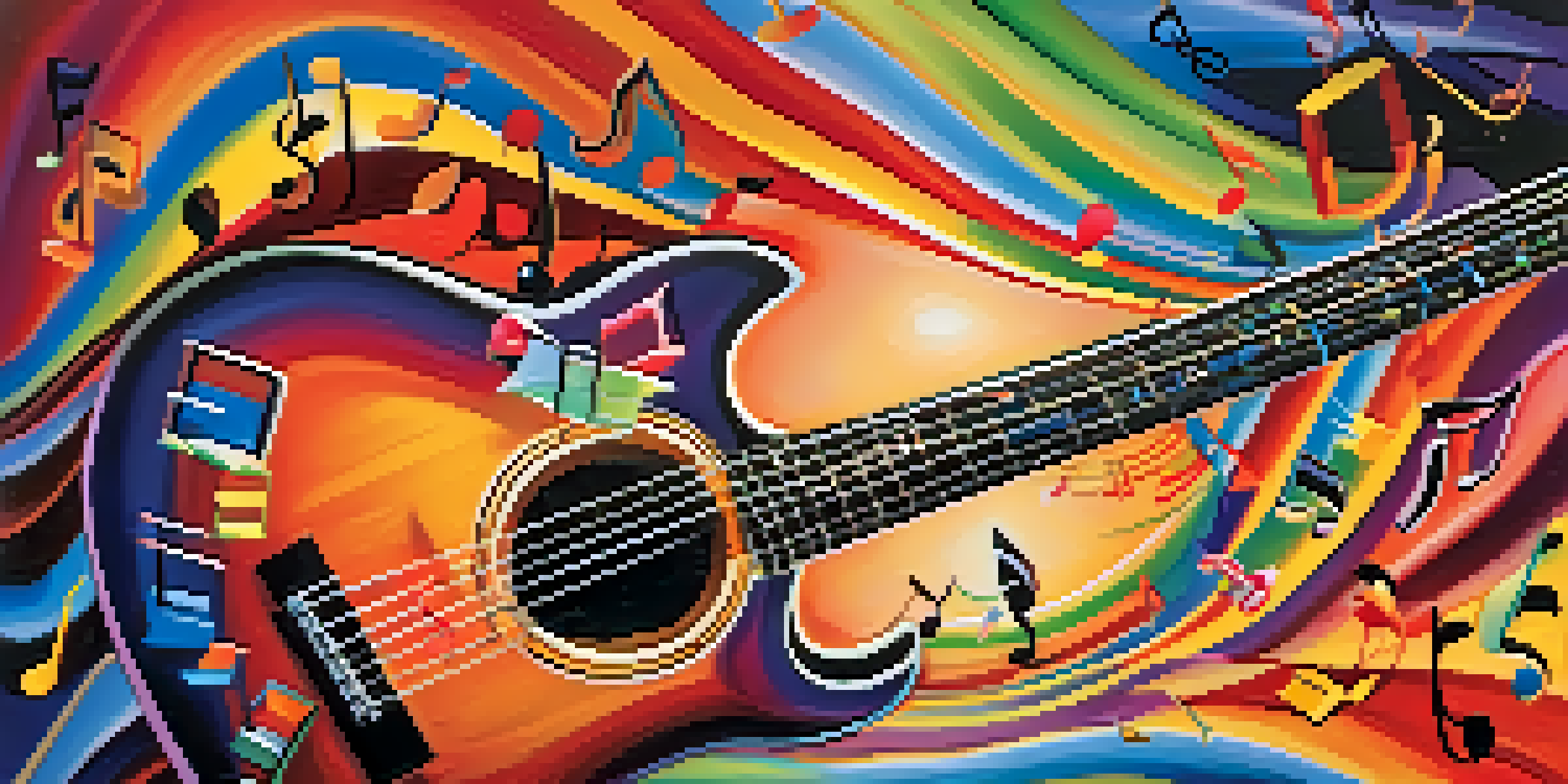 A guitar with swirling musical notes around it, representing melody and rhythm.