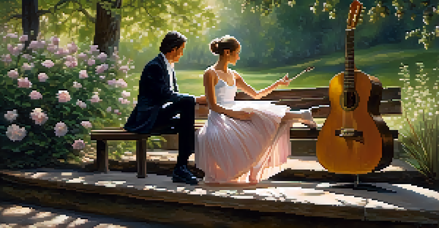 A classical guitarist and ballerina performing in a serene outdoor setting surrounded by blooming flowers and natural light.