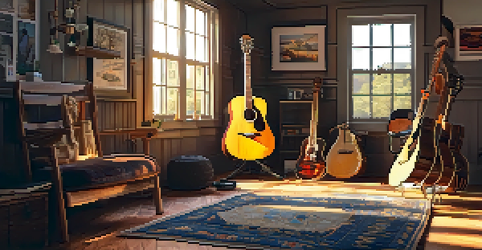 A cozy room with various guitars on the walls and a wooden acoustic guitar on a stand, illuminated by sunlight.