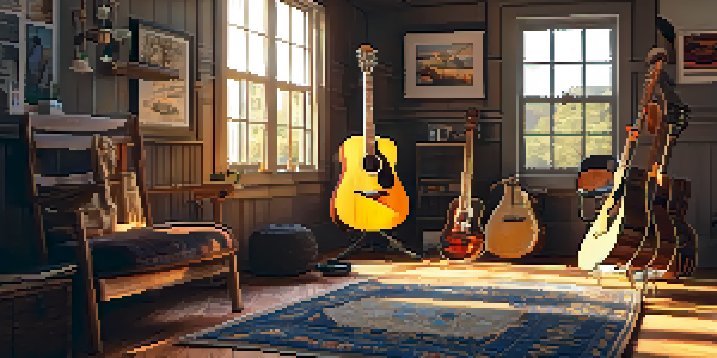 A cozy room with various guitars on the walls and a wooden acoustic guitar on a stand, illuminated by sunlight.