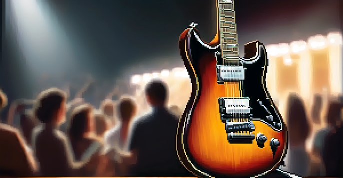 A vintage electric guitar on a wooden stage, softly lit by spotlights, with blurred figures of an audience in the background.