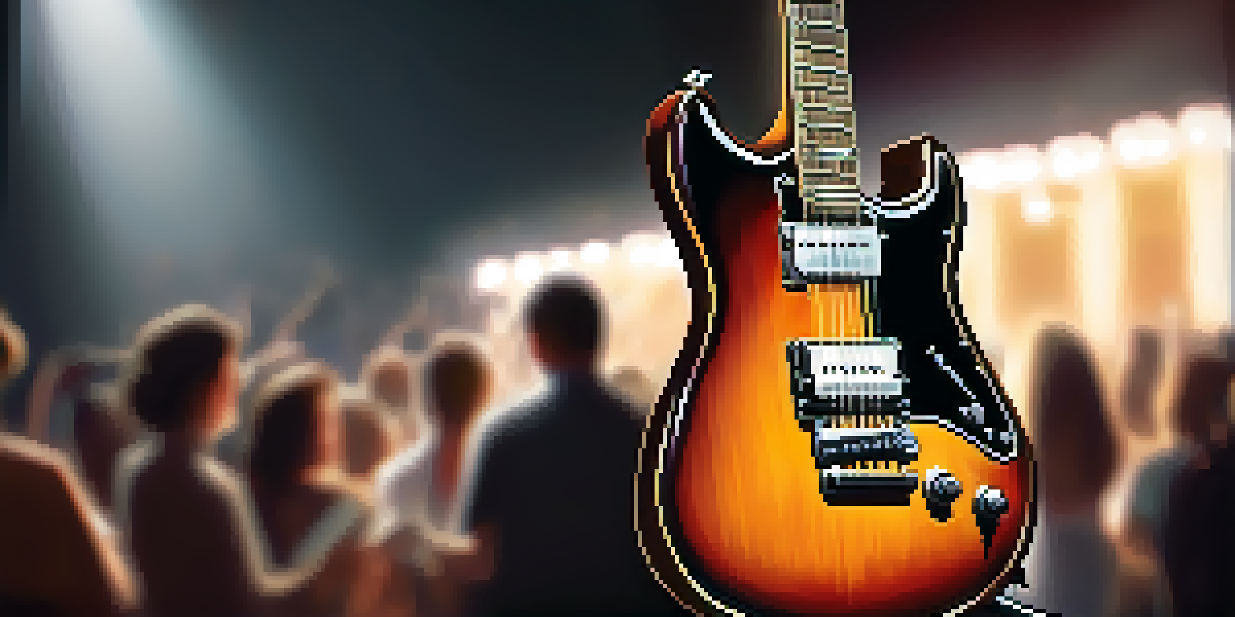 A vintage electric guitar on a wooden stage, softly lit by spotlights, with blurred figures of an audience in the background.