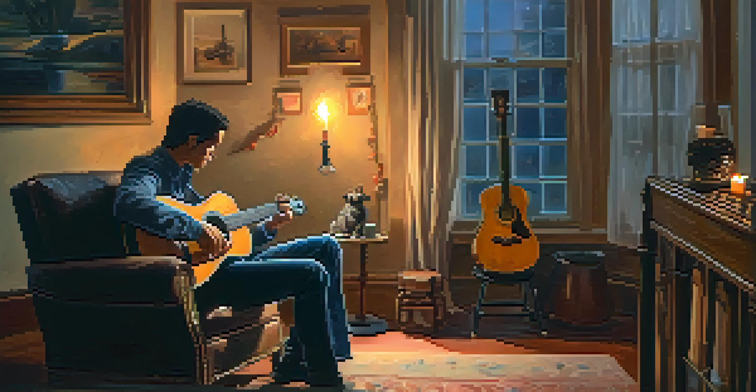 A musician playing guitar in a cozy room filled with candles and soft lighting, creating a peaceful atmosphere.