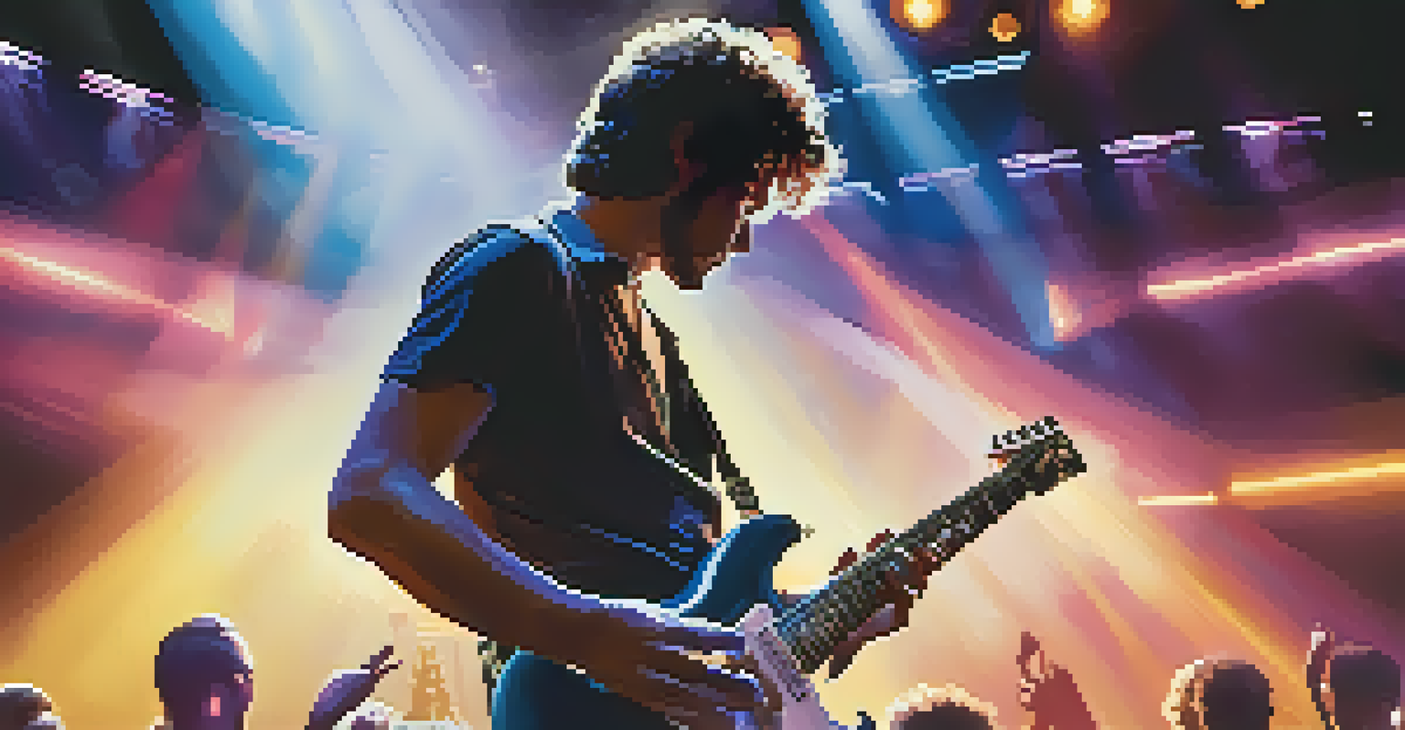 A musician playing an electric guitar on stage under a spotlight, with a blurred audience in the background and vibrant stage lights.