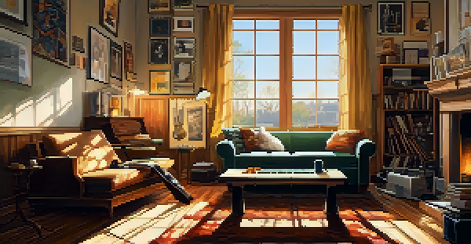 A musician sitting on a sofa with a guitar, surrounded by warm sunlight and inspiring decor.