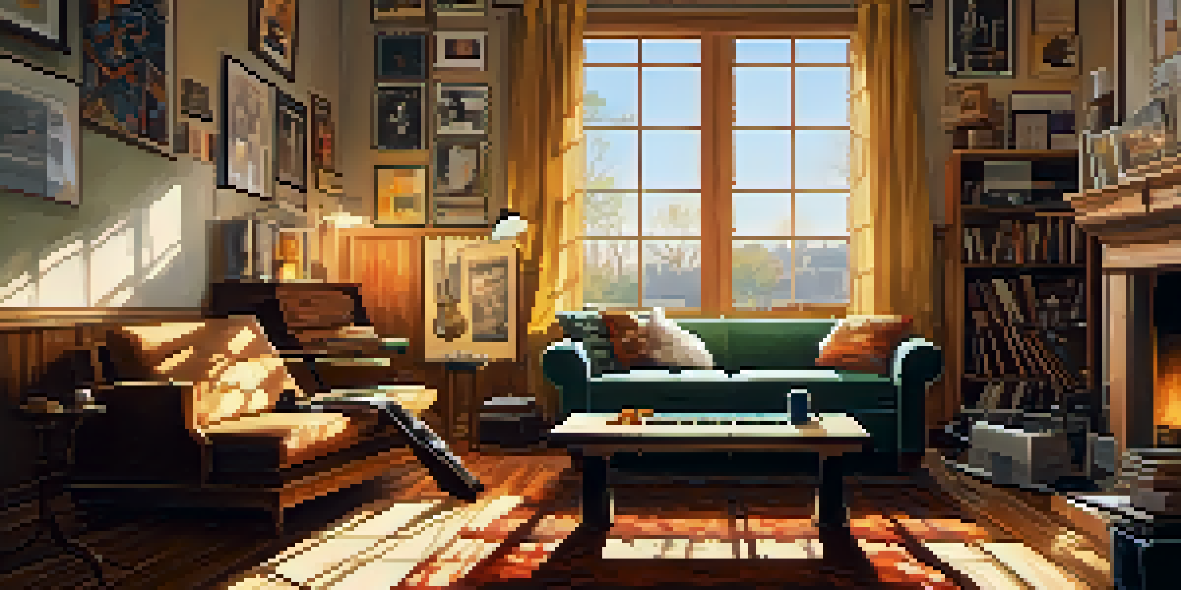 A musician sitting on a sofa with a guitar, surrounded by warm sunlight and inspiring decor.