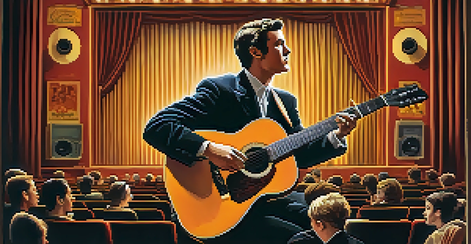 A vintage cinema scene with a musician playing acoustic guitar on stage, softly lit by warm lights, surrounded by an audience and classic film posters.