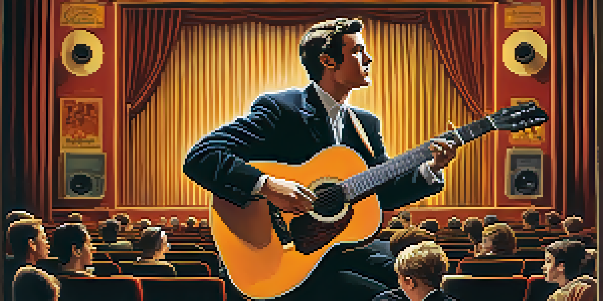 A vintage cinema scene with a musician playing acoustic guitar on stage, softly lit by warm lights, surrounded by an audience and classic film posters.