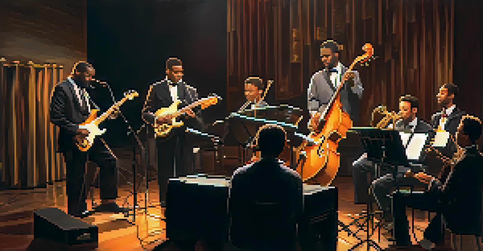 A group of musicians performing jazz on stage, illuminated by warm ambient lighting and colorful stage lights, capturing the emotion of the performance.