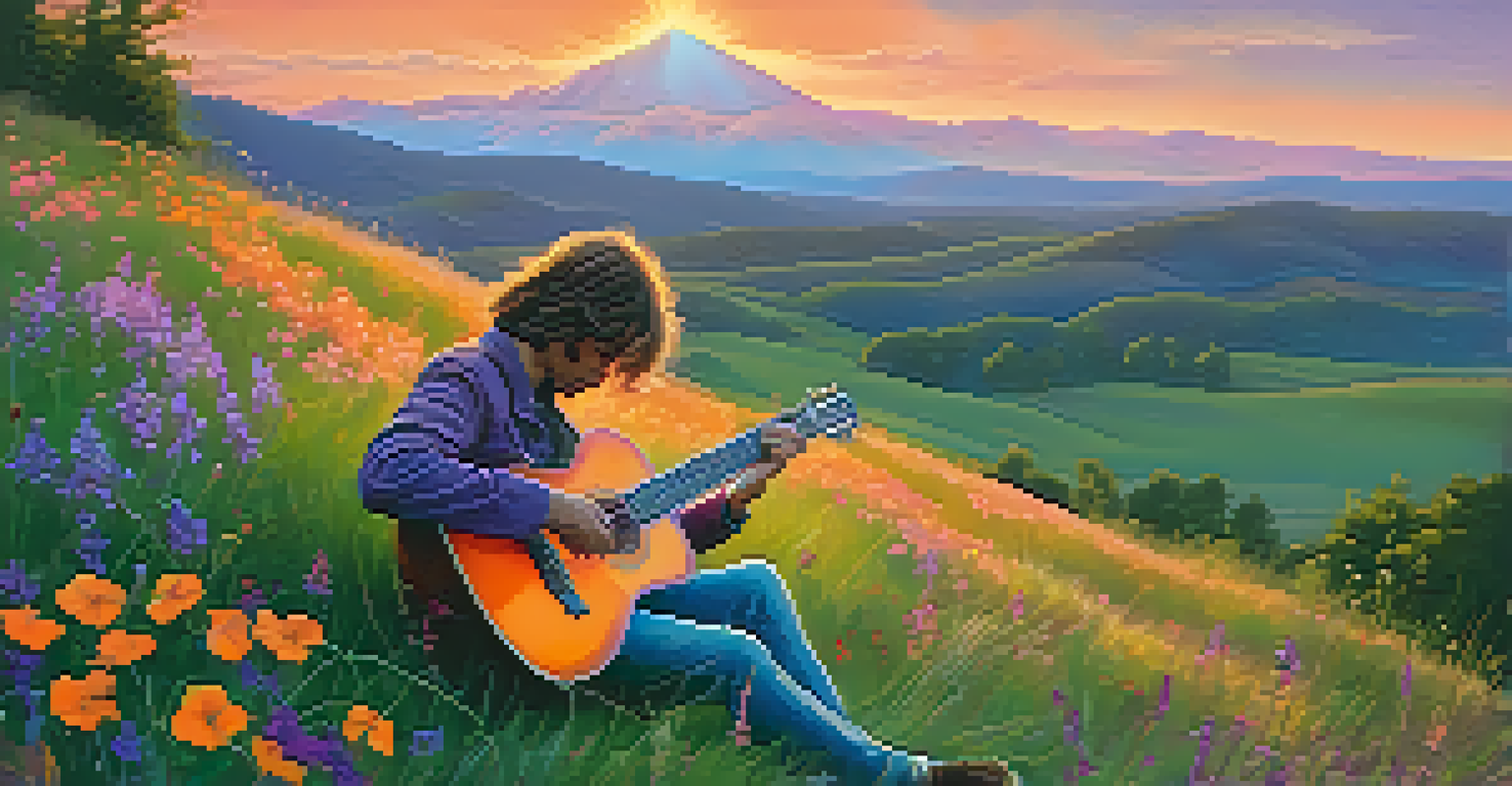 A guitarist sitting on a grassy hill at sunset, surrounded by wildflowers and vibrant sky colors.