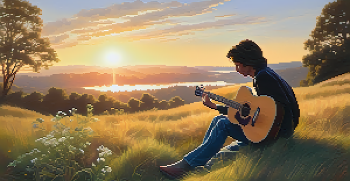 A guitarist seated on a hill, playing an electric guitar with effects pedals around him, surrounded by nature during sunset.