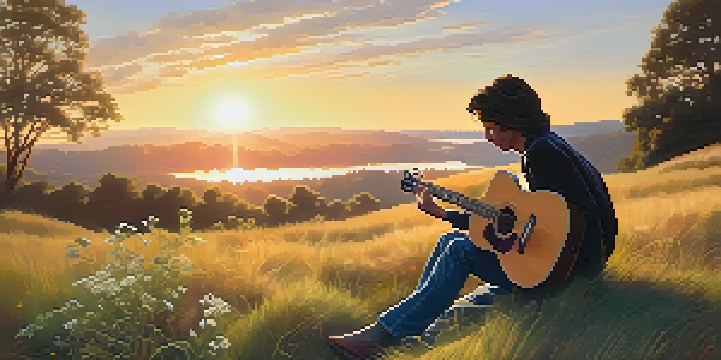 A guitarist seated on a hill, playing an electric guitar with effects pedals around him, surrounded by nature during sunset.